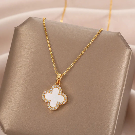 Double Sided Diamond Clover Pendant Necklace